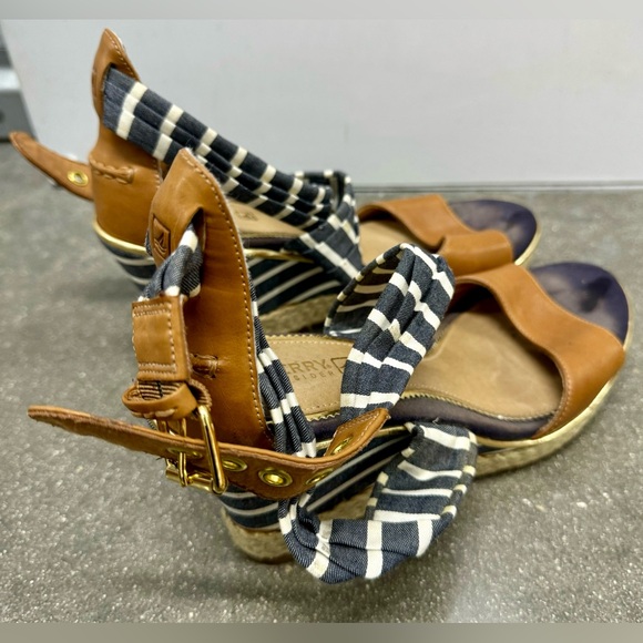 Sperry Top Sider Aurora Blue White Cross Striped Leather Wedge Sandals Size 8 - Picture 3 of 15
